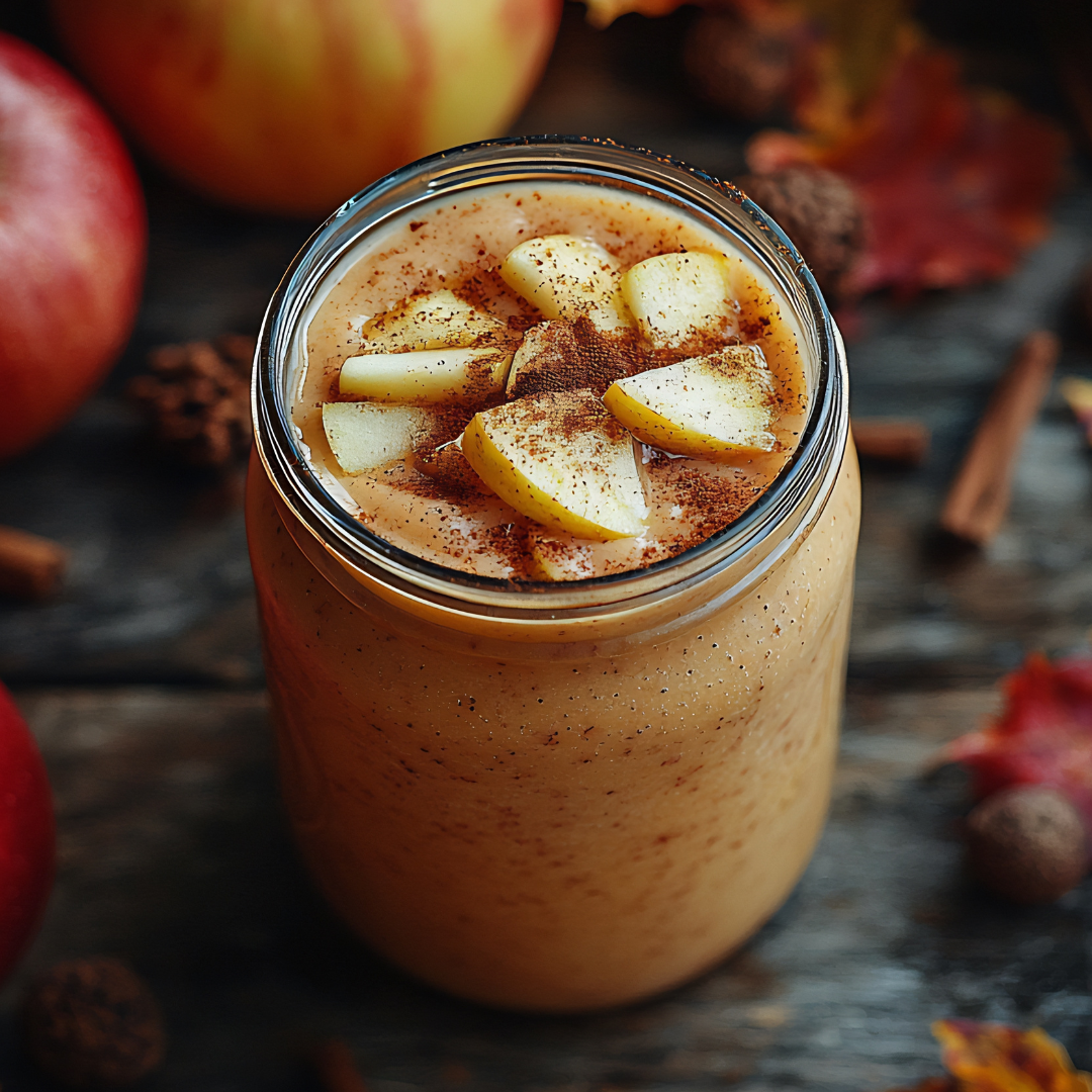 Apple Pie Protein Shake in a glass jar topped with diced apples and cinnamon